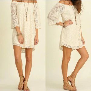 Umgee Boho Ivory Babydoll Mini Dress Floral Crochet Lace Off Shoulder NWT